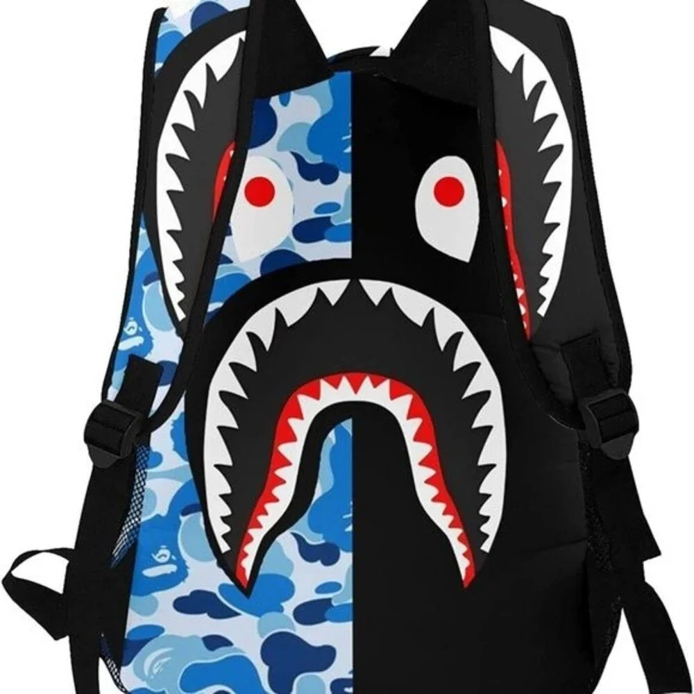 NEW! Shark Teeth Camo Backpacks Laptop Daypack School Bags For Kids, Blue Black
